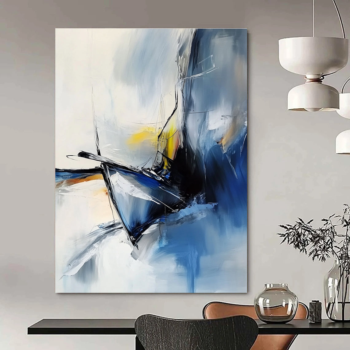 An abstract painting capturing a close-up of a luxury sailboat's bow and figurehead in foggy weather using white blue black grey and yellow.STSC645