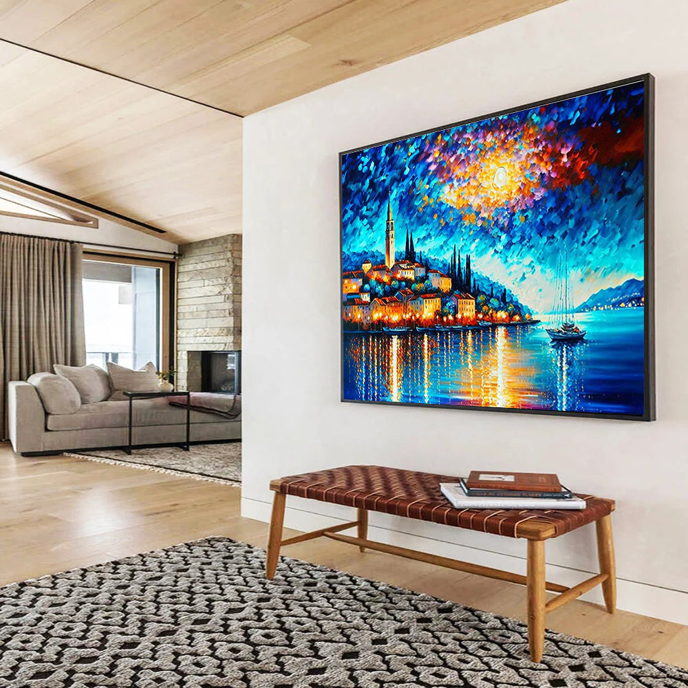 Moonlit Harbor Abstract Painting with Deep Blues and Warm Glows THY300