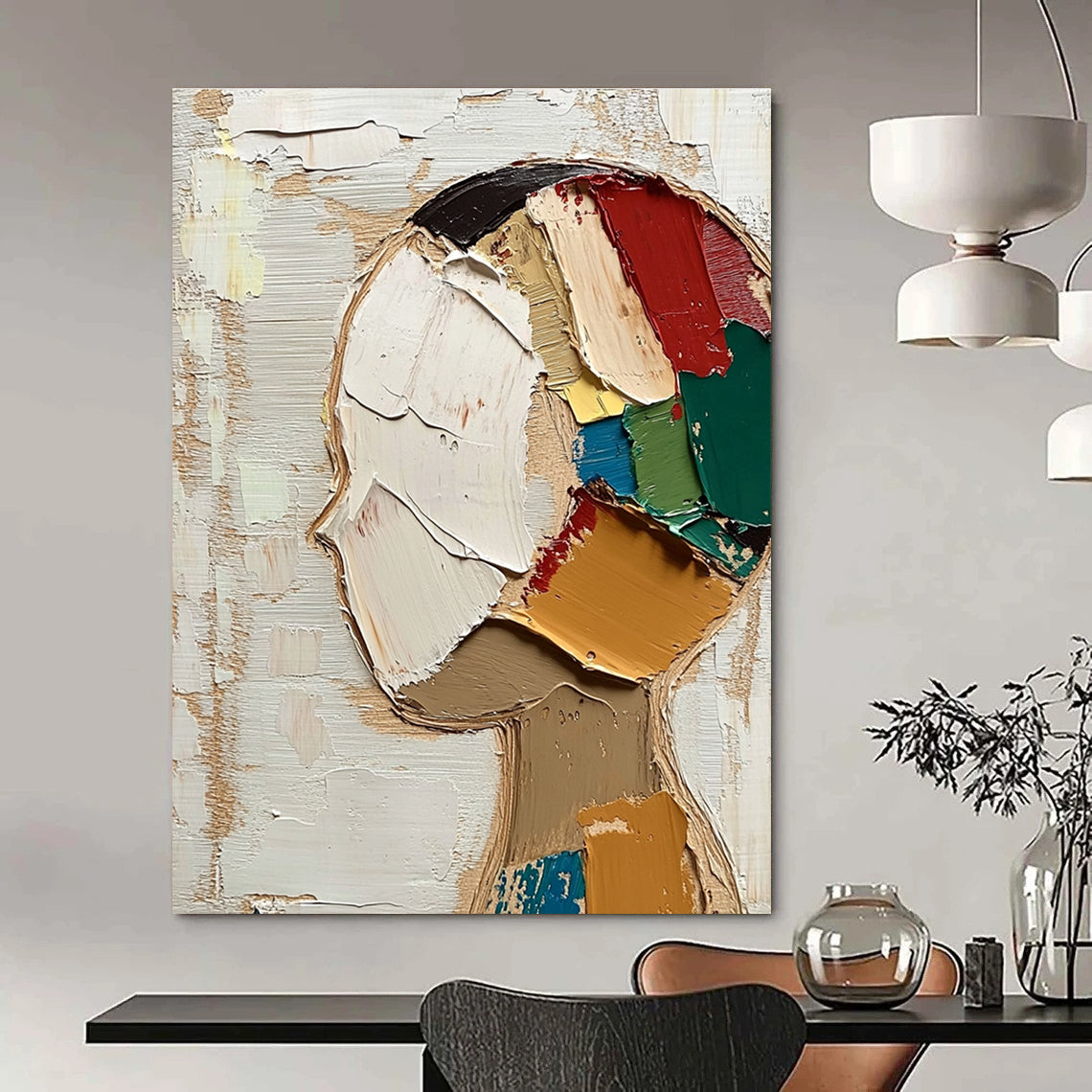 Large abstract painting featuring a round face with short hair in vibrant colors against a beige and white background with visible brush strokes.STSC197