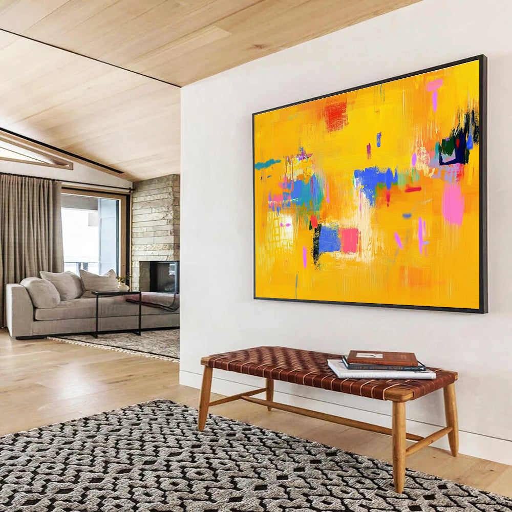 Bright Yellow Abstract Painting with Colorful Accents DYP306