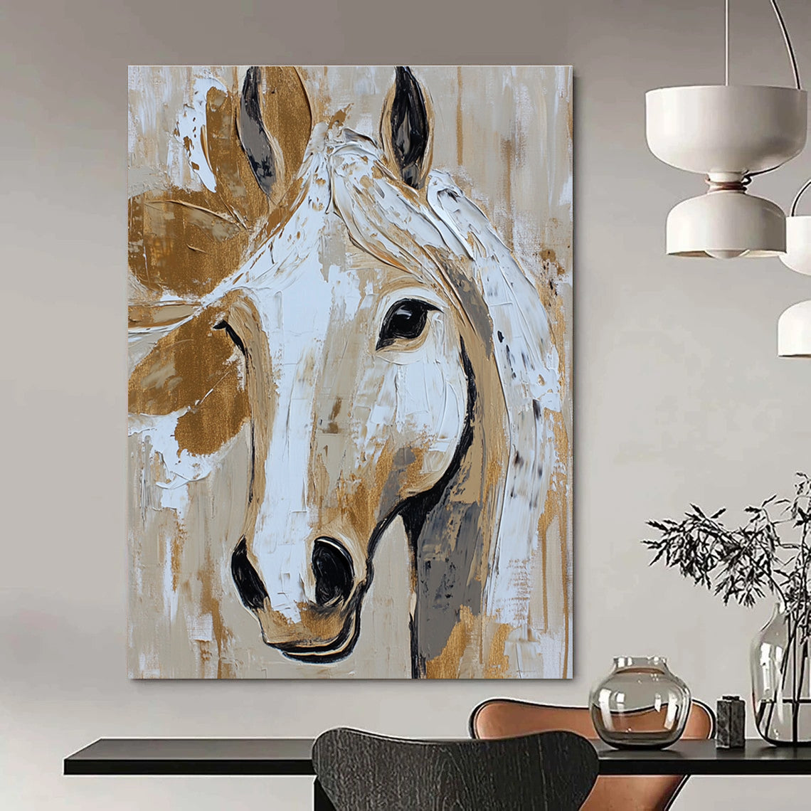Abstract horse face in beige and white with gold accents reflects rustic farmhouse charm in a detailed expressive painting.STSC073