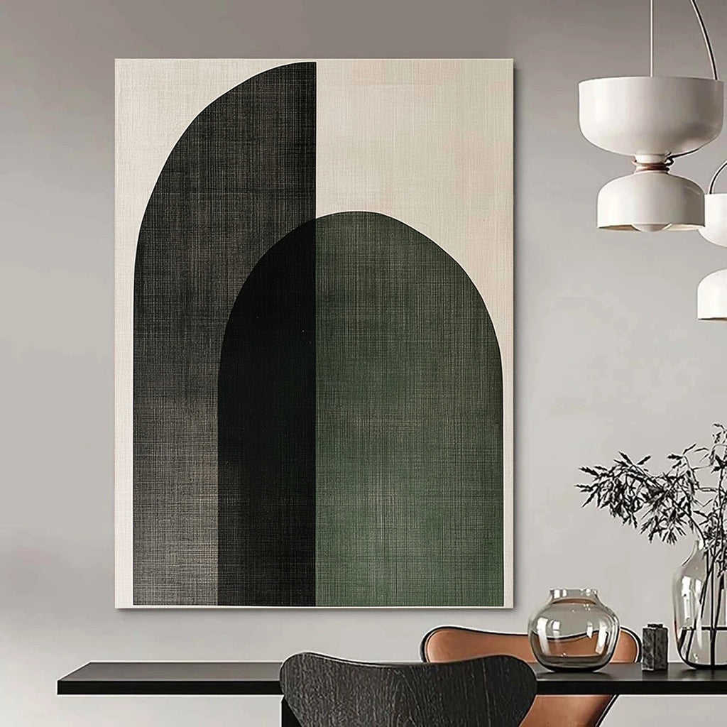 Large Abstract Artwork Featuring Sage Green and Charcoal Gray Arches on Light Beige Canvas Reflecting Scandinavian Minimalism.STSC1074