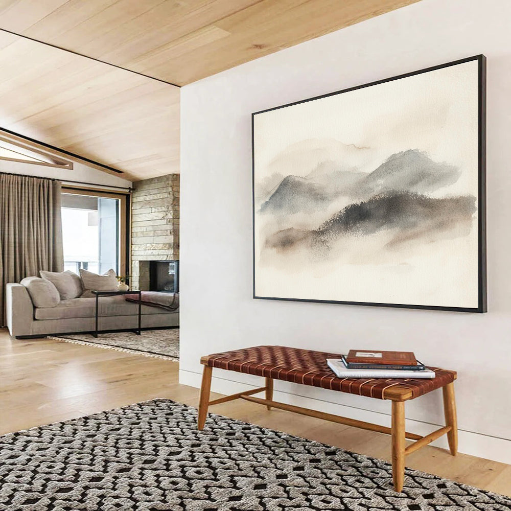Large abstract watercolor painting of misty hills in muted gray and beige tones with organic brush strokes and textured background on light-colored paper.SC549
