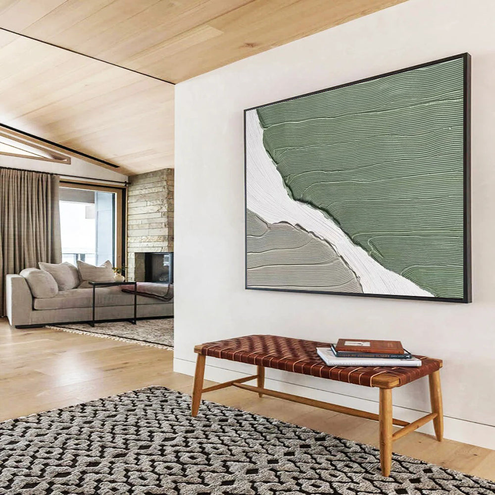 Green White Abstract Painting with Clean, Modern Lines THY396