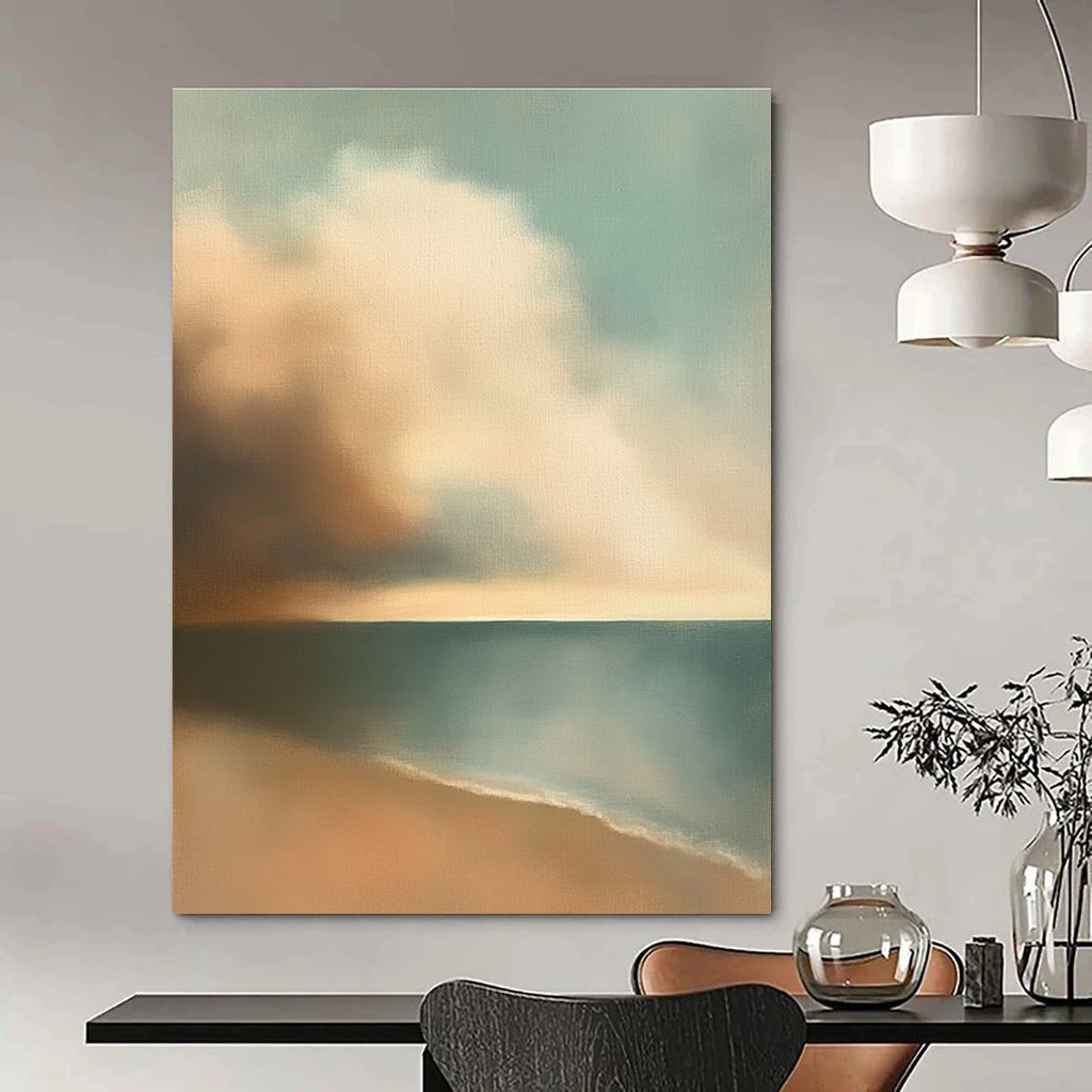Large abstract oil painting of muted pastel colors depicting clouds and sky over the ocean inspired by Edward Hopper with earthy tones.STSC596