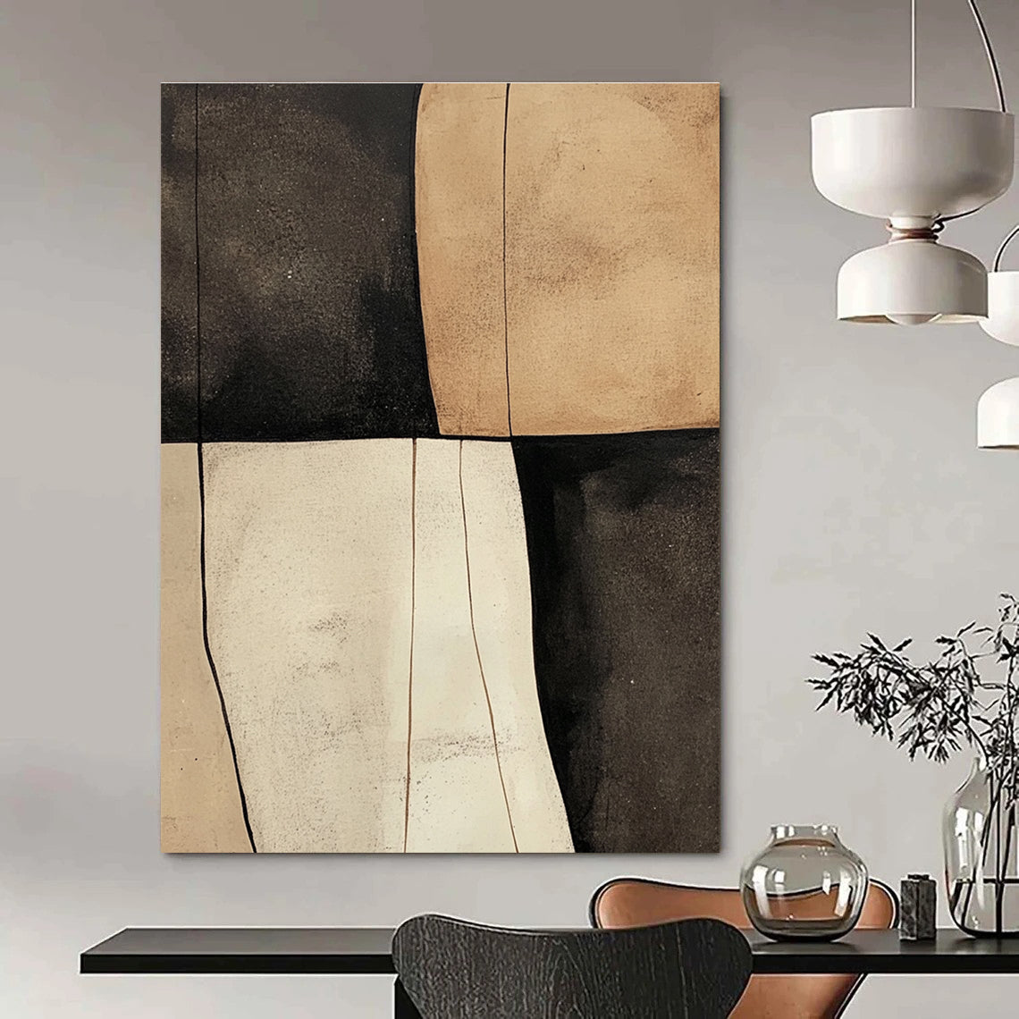 Large abstract painting featuring beige black and white shapes with smooth tan textures on a dark gray background.STSC627