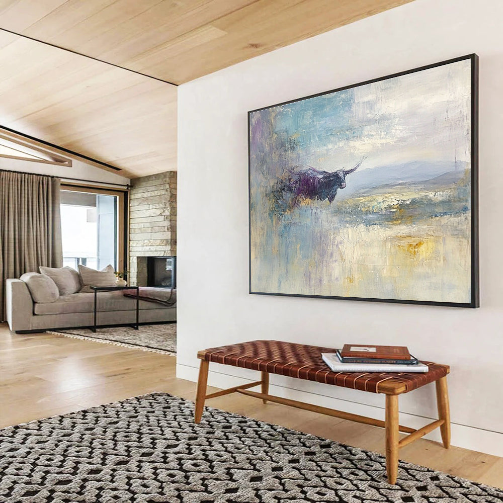 Large abstract painting depicting a flying cow over the English Lake District with a vast sky in shades of blue grey lavender cream and pale yellow.SC485
