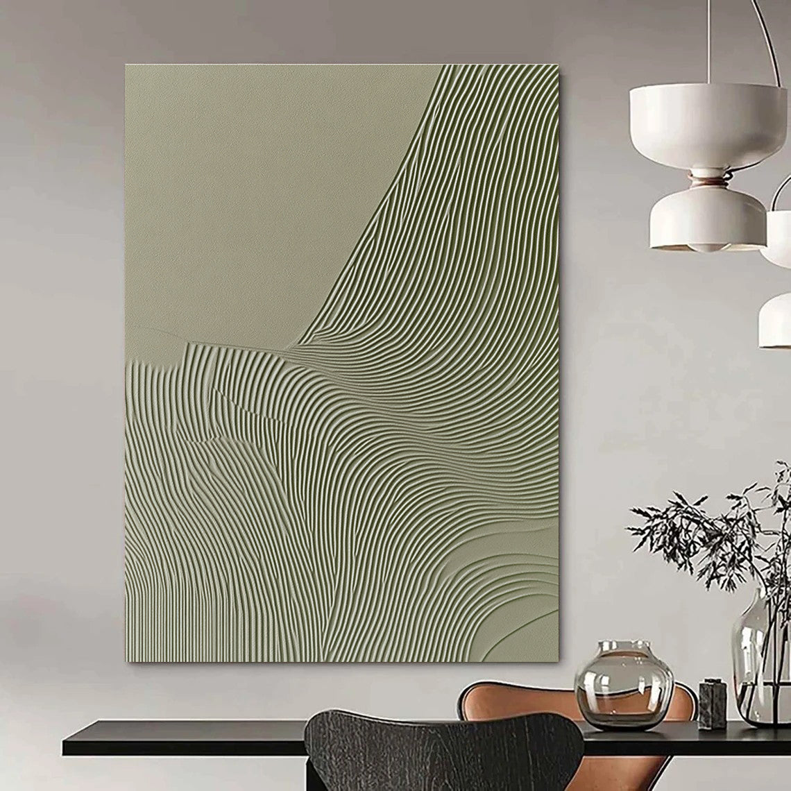 Abstract artwork featuring wavy lines on a gray background with organic shapes in beige and green evokes an elegant natural aesthetic for interior design.STSC998