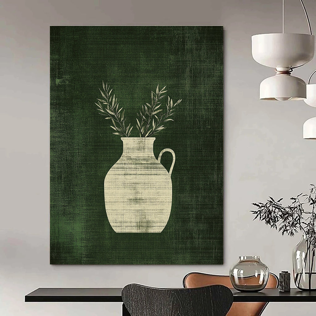 Abstract art featuring a minimalist antique jar with handles and olive branches against a textured green background, adding elegance and depth.STSC1084