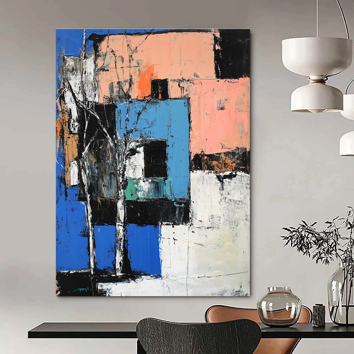 Large abstract painting of a building in blue peach and white inspired by expressive styles of John Marin and Richard Diebenkorn.STSC1108