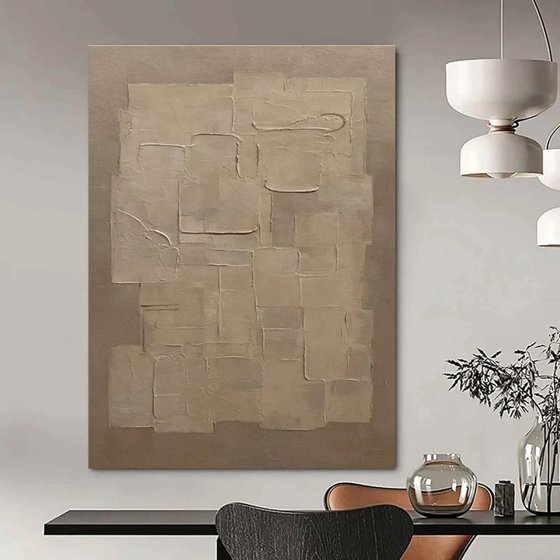 Beige Geometric Abstract Painting with Textured Squares ADGE490