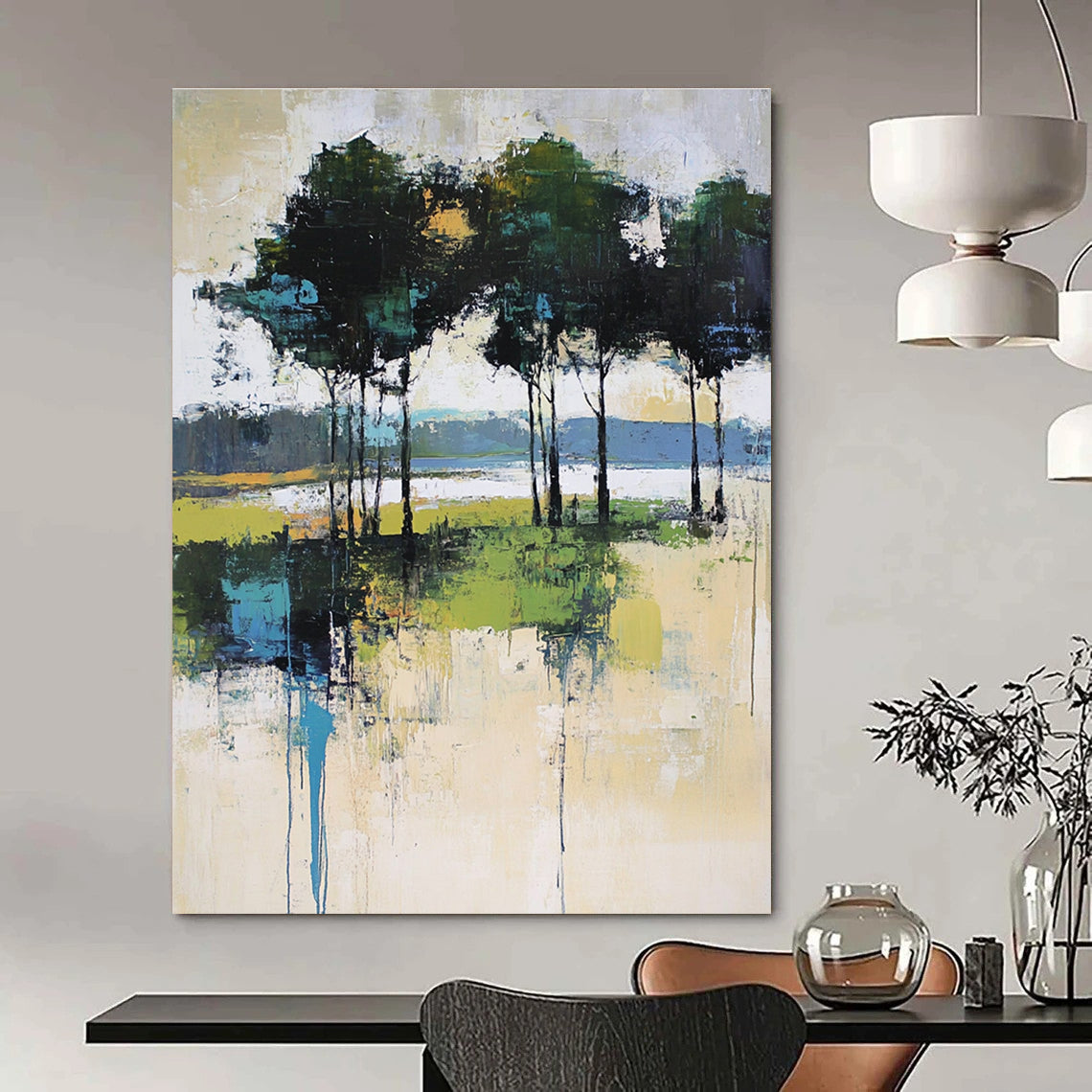 Large abstract painting featuring expressive brush strokes with trees and a lake in soft pale green and beige tones.STSC118