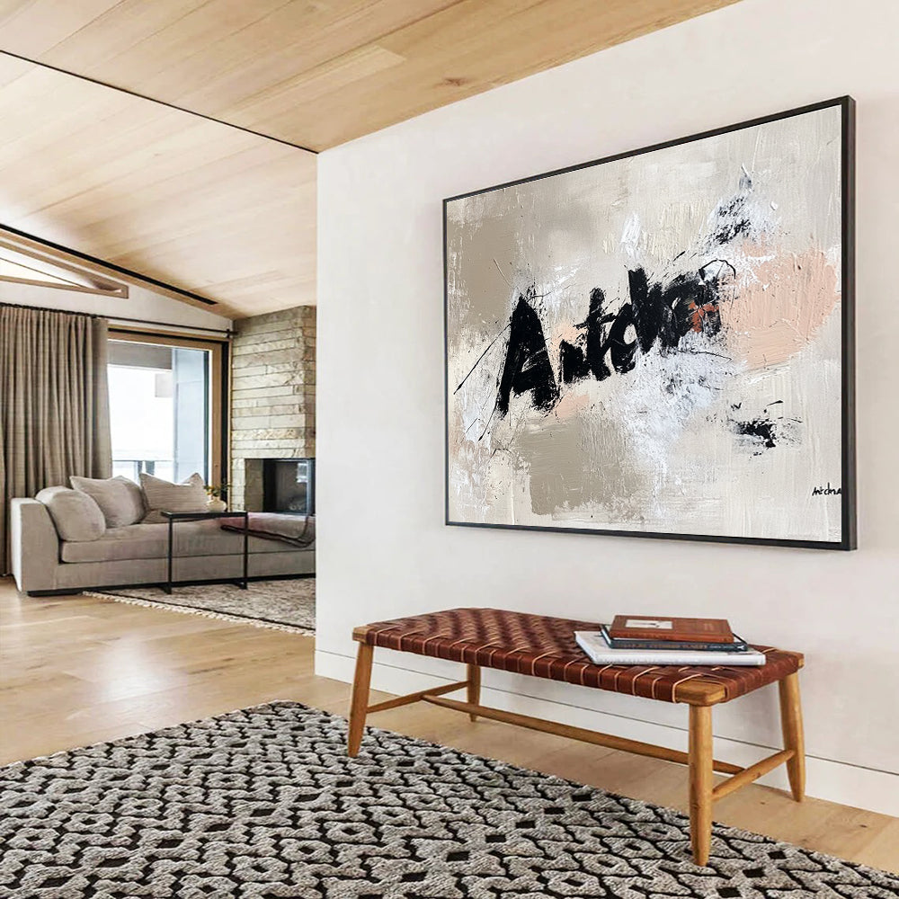 Textured Word Abstract Painting with Beige and Black DYP469