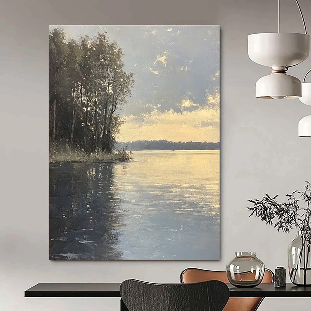 Large abstract painting capturing an overcast lake with tree silhouettes and serene gray reflections in the evening light.STSC885