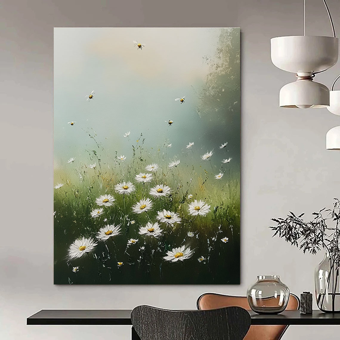 Large Abstract Painting of Wild Daisies in a Meadow Under Soft Morning Light with Bees and Fluffy Clouds Creating a Serene Atmosphere.STSC1176