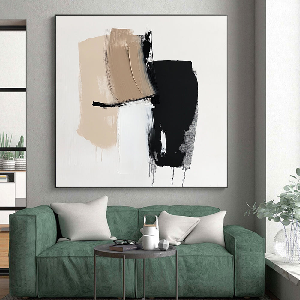 Beige Black and White Abstract Painting with Minimalist Shapes GER632