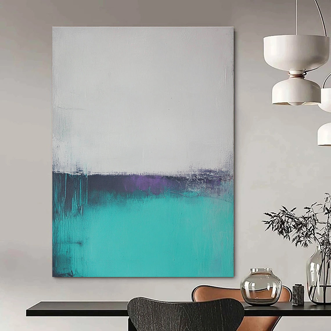 Large abstract oil painting of a misty teal and gray ocean with muted colors and low contrast, creating a serene atmosphere.STSC590