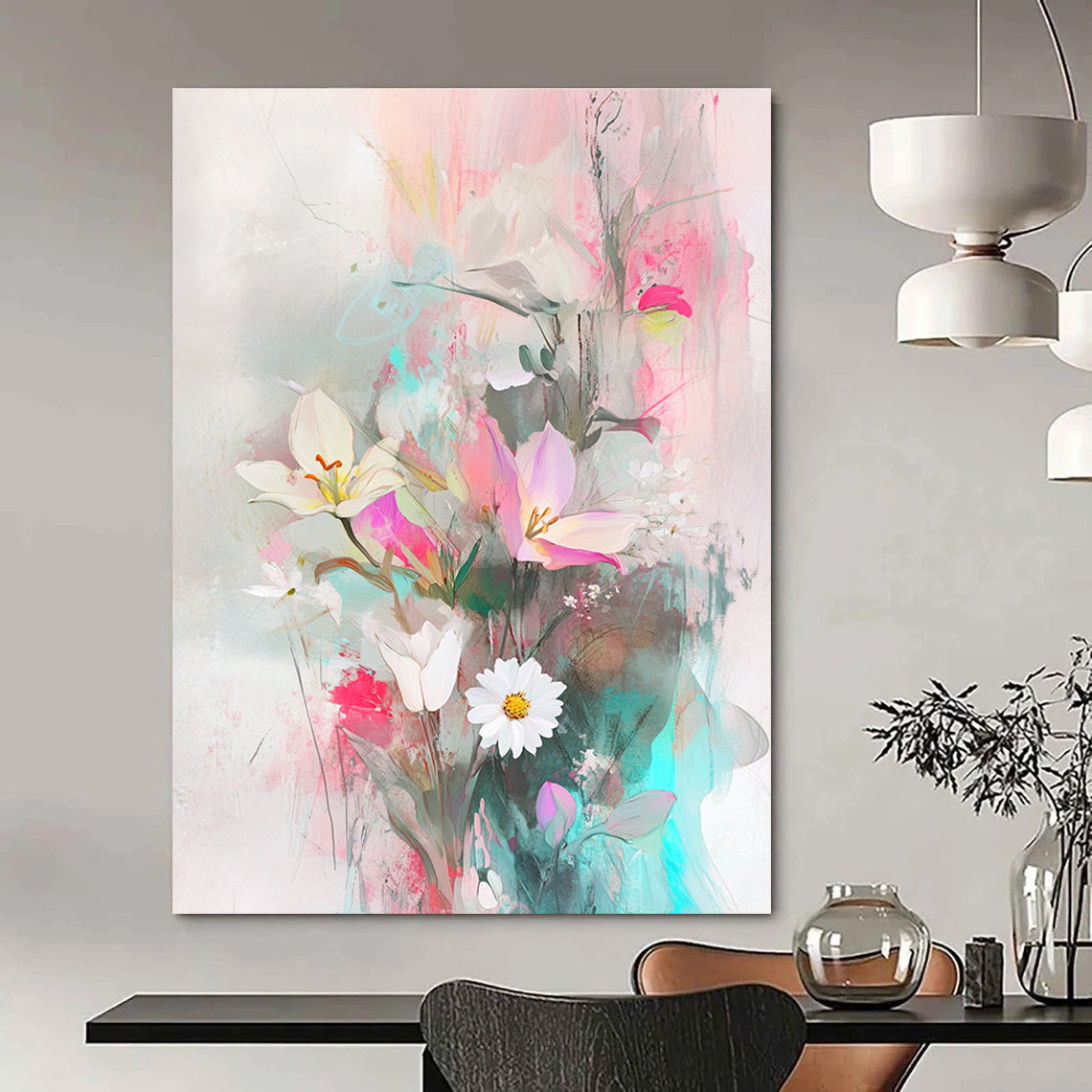 A large abstract painting featuring ethereal floral arrangements in soft pastels with a delicate bird figurine symbolizing harmony in nature.STSC857