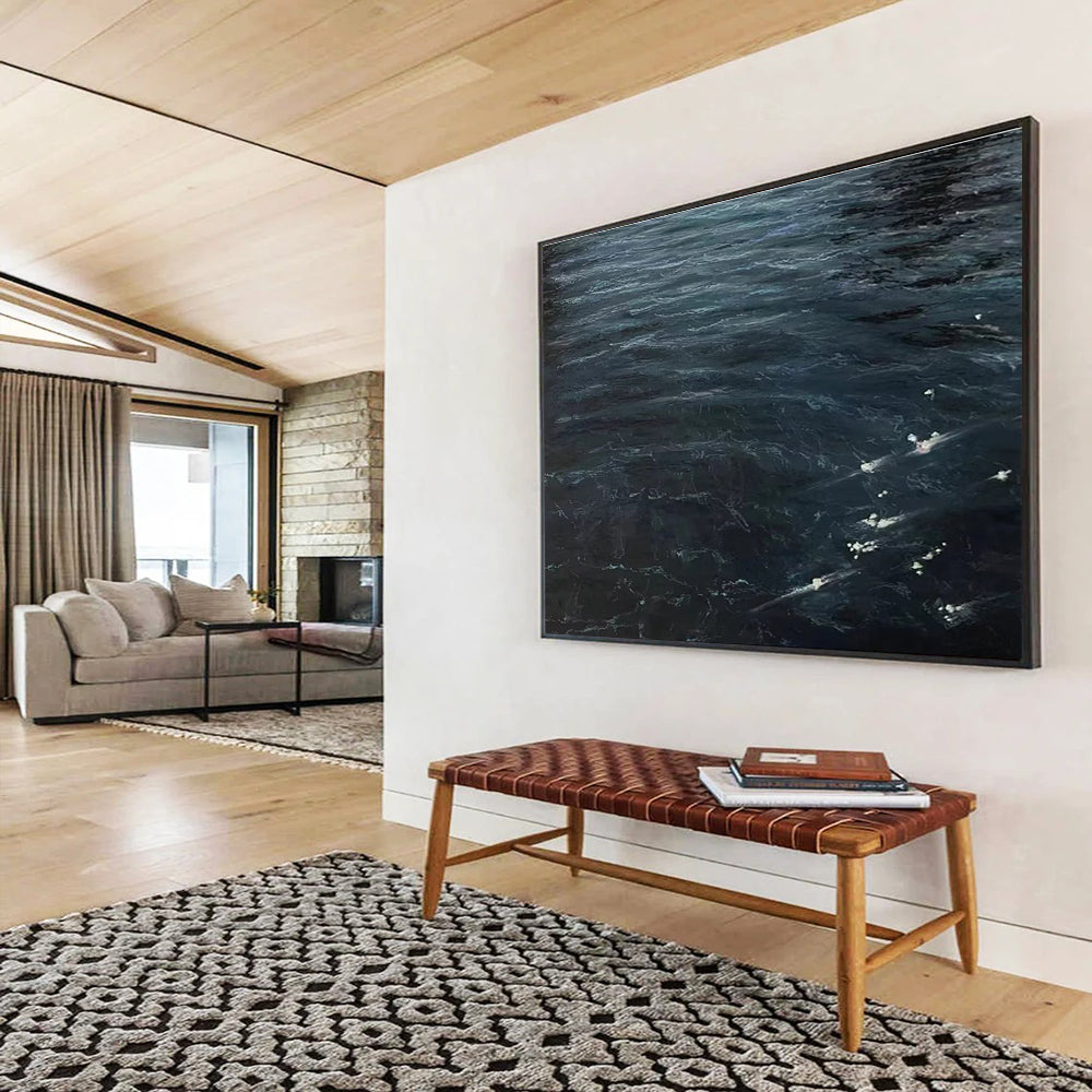 Dark Ocean Waves Abstract Painting with Deep Blue Tones THY265