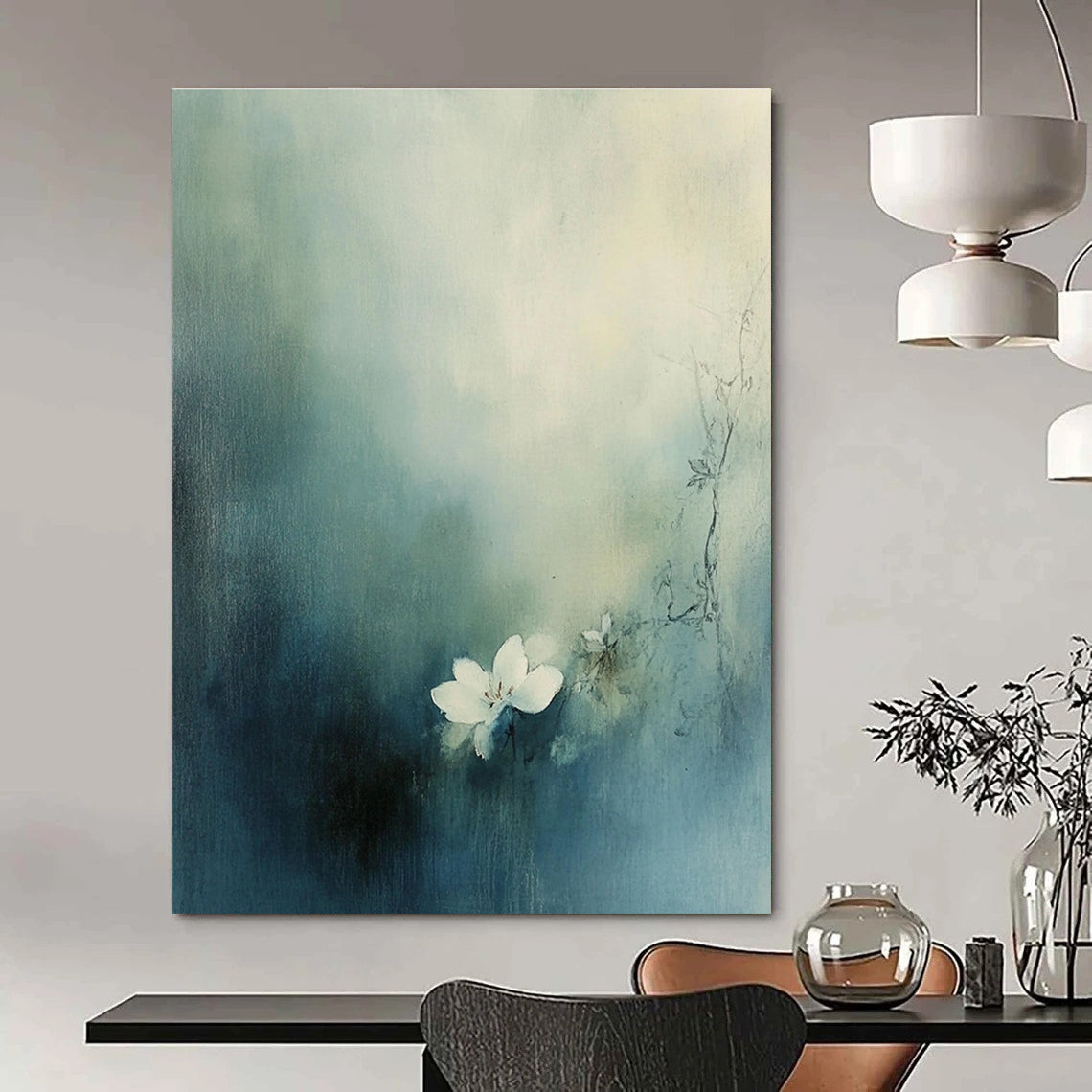 Large abstract painting featuring a small white flower blooming amid muted blue-green tones and hazy fog.STSC631
