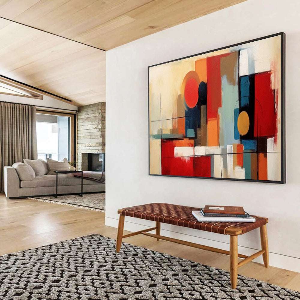 Geometric Abstract Painting with Red, Orange, and Blue Tones THY219