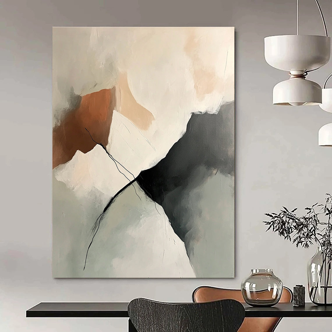 Large abstract painting featuring soft neutral tones and textured brush strokes with an isolated mountain range in shades of beige gray and peach.STSC800