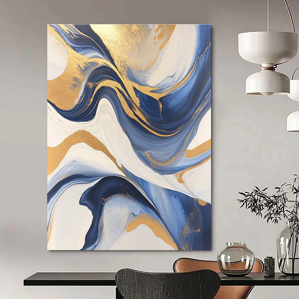 Large Abstract Painting with gold leafing flowing lines fluid acrylics blue black gray and white swirling patterns marbleized surfaces.STSC031