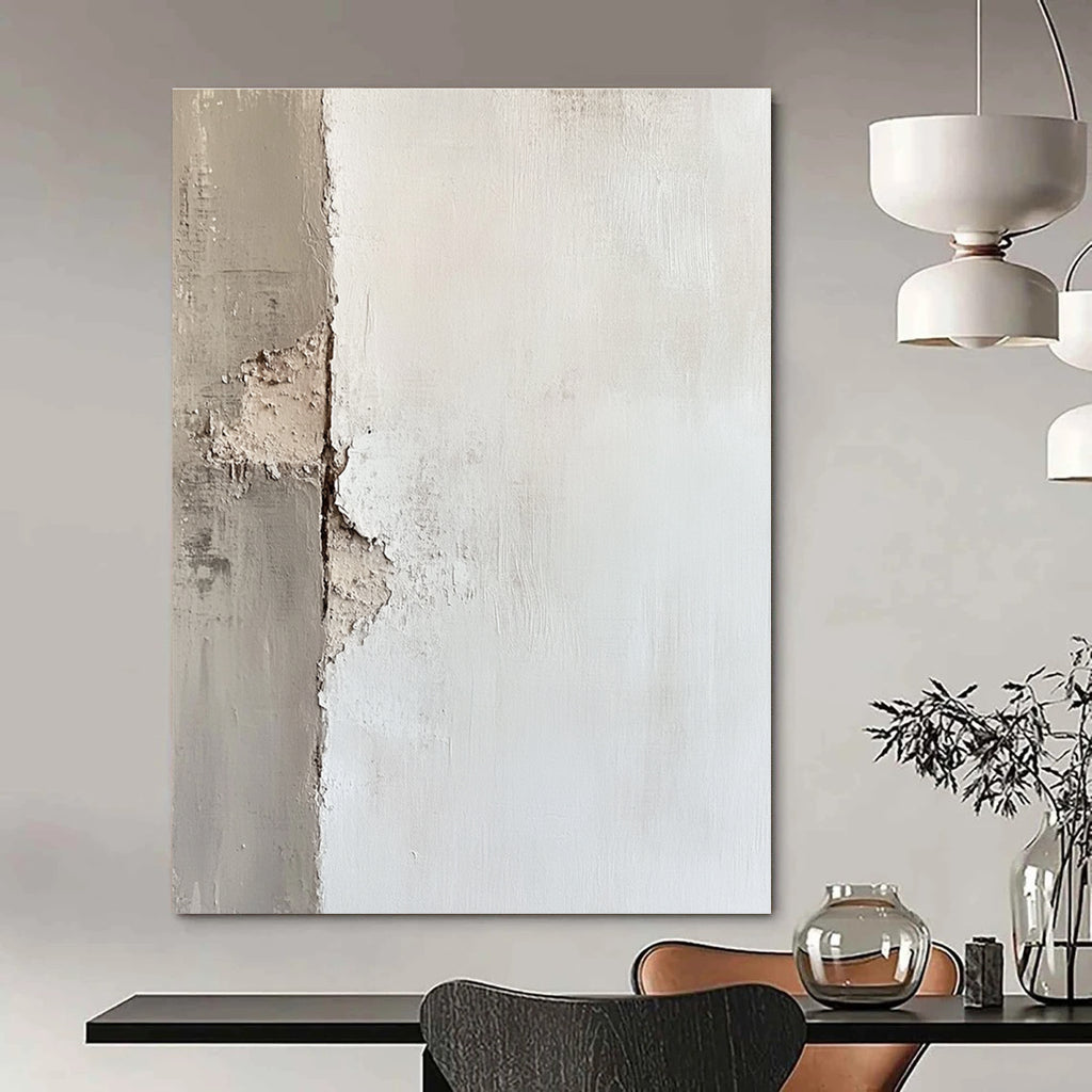 Large abstract painting of an off-white wall with textured brushwork showcasing peeling paint and soft edges in subtle tonal values.STSC653