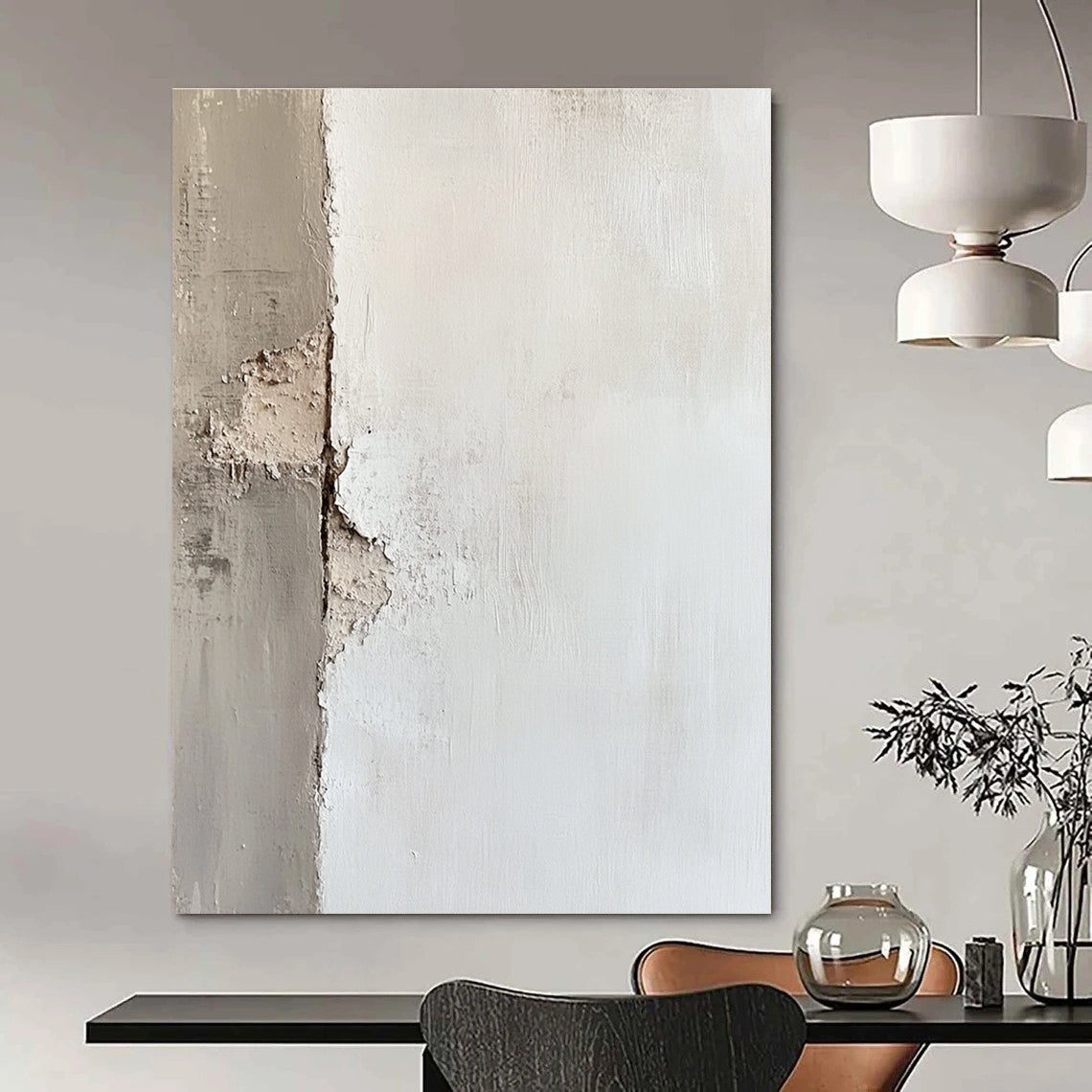 Large abstract painting of an off-white wall with textured brushwork showcasing peeling paint and soft edges in subtle tonal values.STSC653