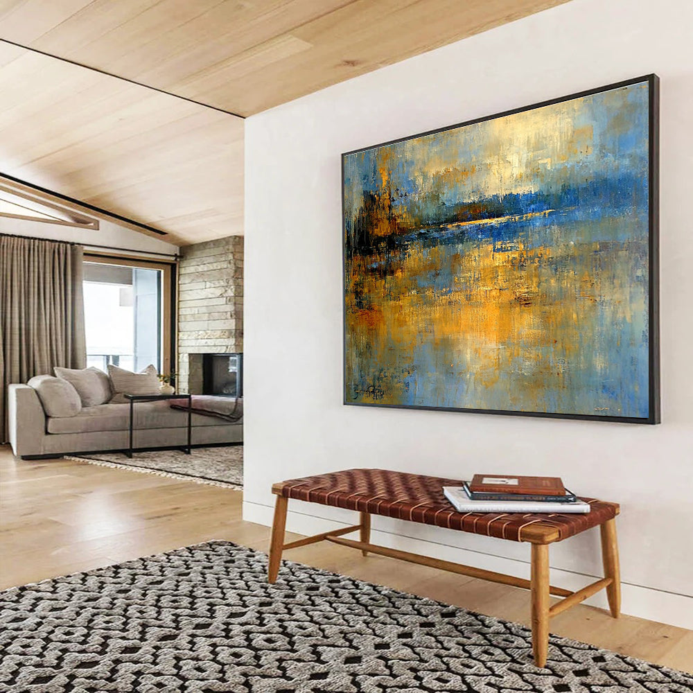 Abstract Lake Landscape Painting with Blue and Gold Tones DYP519