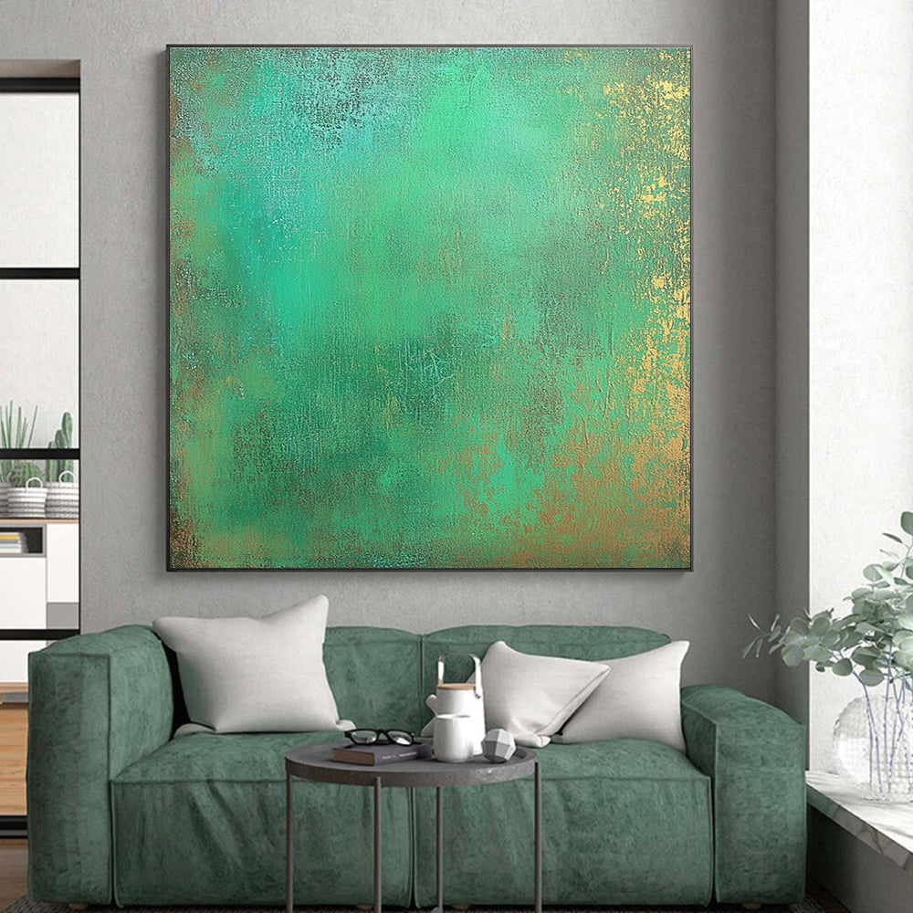 Green and Gold Textured Abstract Painting with Lush Glows GER128