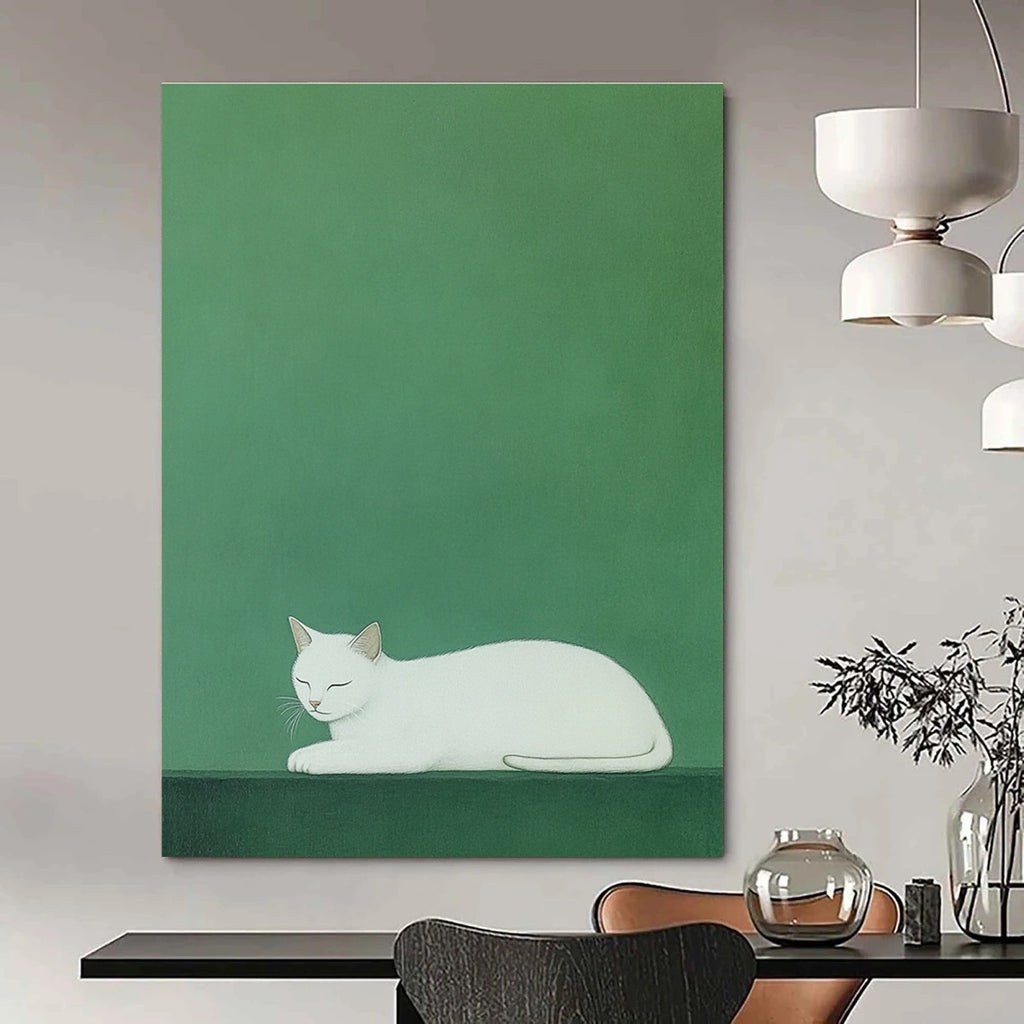 A large abstract painting featuring a white cat on a vibrant green background inspired by Euan Uglow and Atey Ghailan's styles.STSC1473