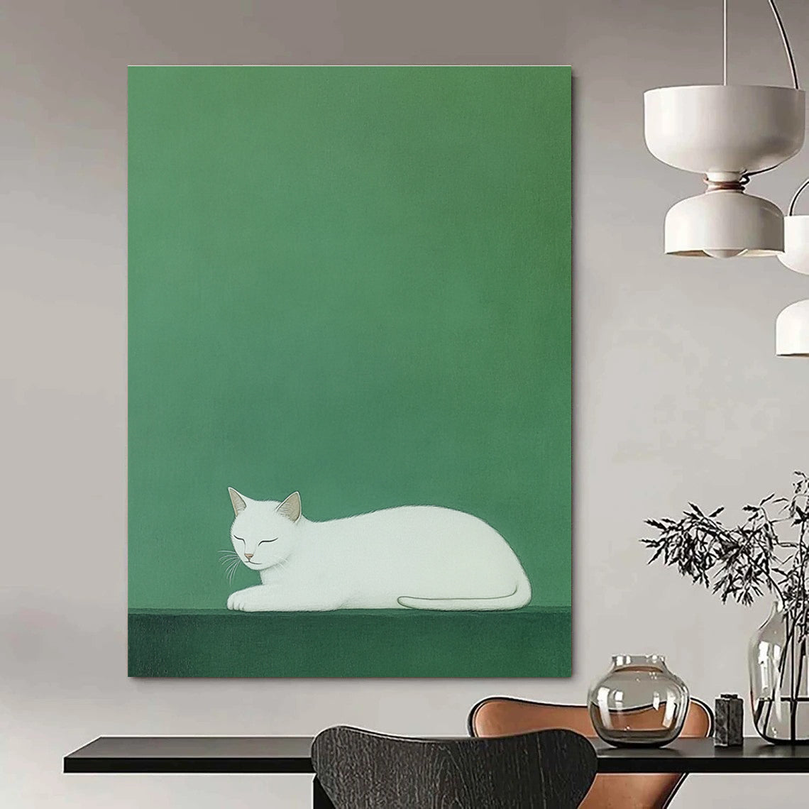A large abstract painting featuring a white cat on a vibrant green background inspired by Euan Uglow and Atey Ghailan's styles.STSC1473
