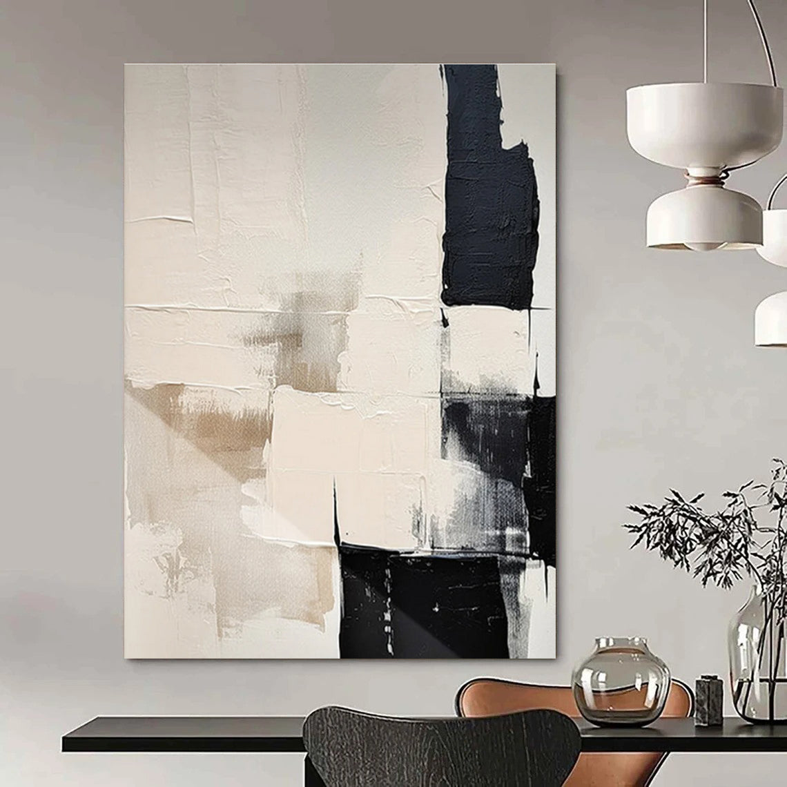 Beige and Black Textured Abstract Painting for Warm Interiors ADGE056