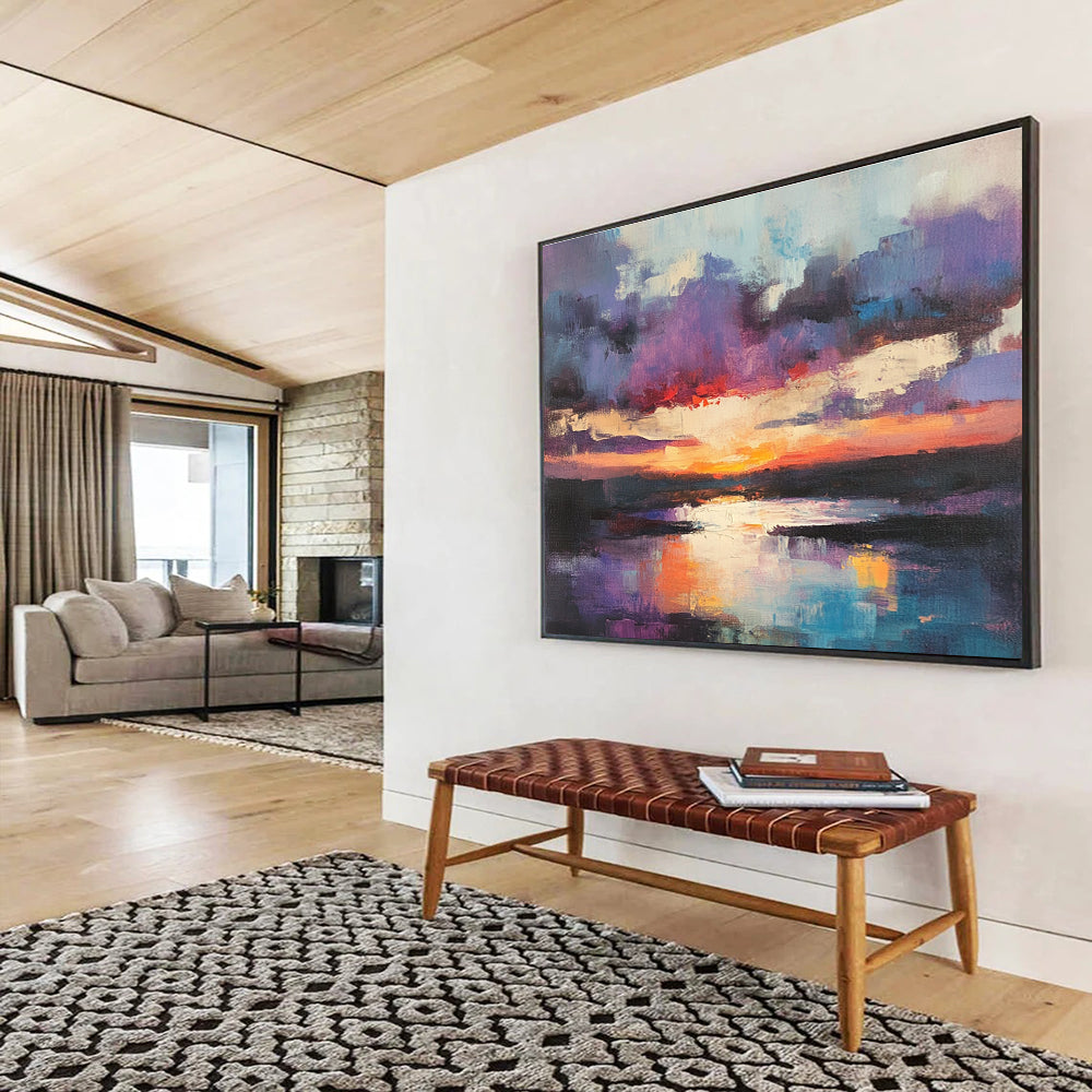 Purple and Orange Sunset Lake Abstract Seascape Painting DYP293