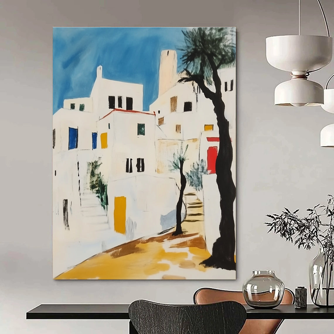 Abstract painting featuring white Greek buildings with black lines yellow accents and red elements against a light blue sky with greenery and a lone tree.STSC1106