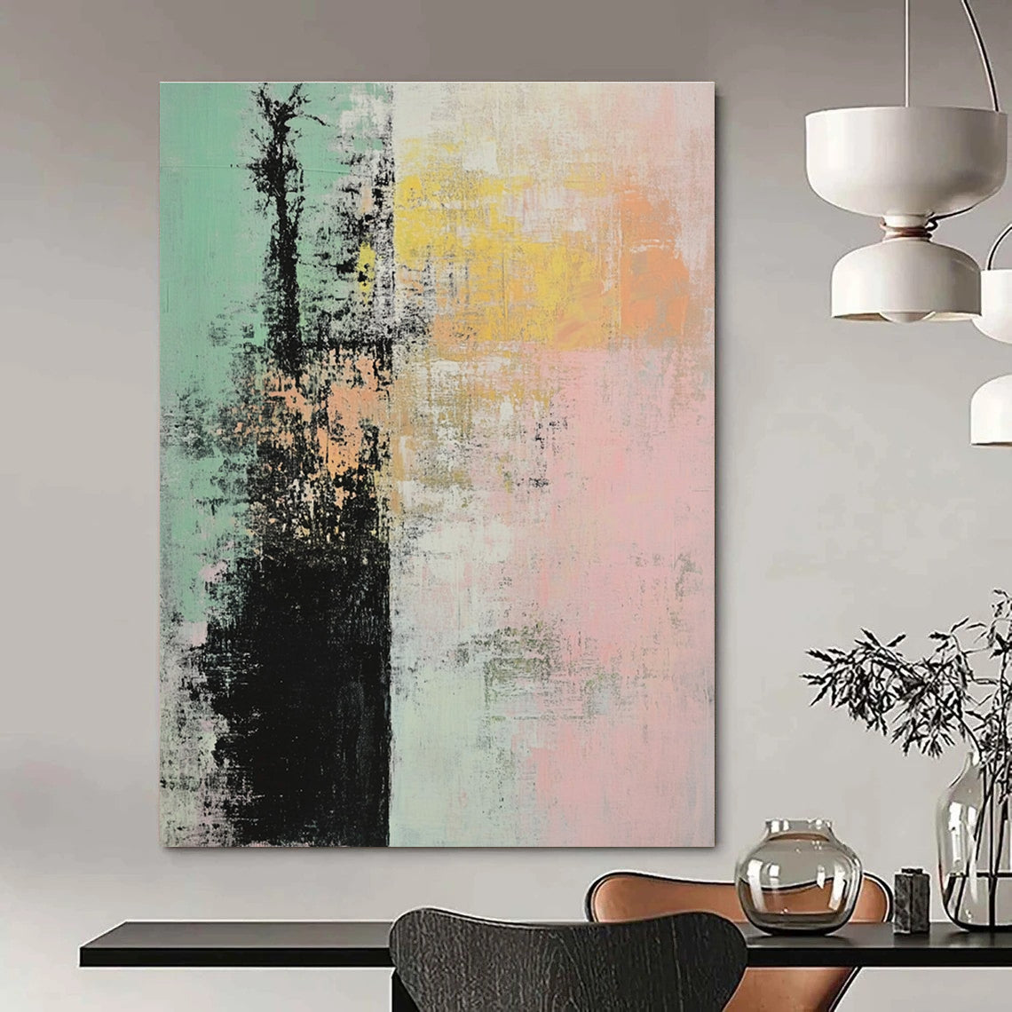 Large abstract painting featuring soft pink green and yellow hues with textured layers creating a serene tree motif against a tranquil background.STSC796