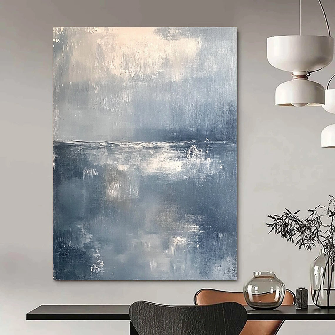 Large abstract painting of a serene ocean horizon in muted gray and white tones with soft brushstrokes conveying tranquility and elegance.STSC262