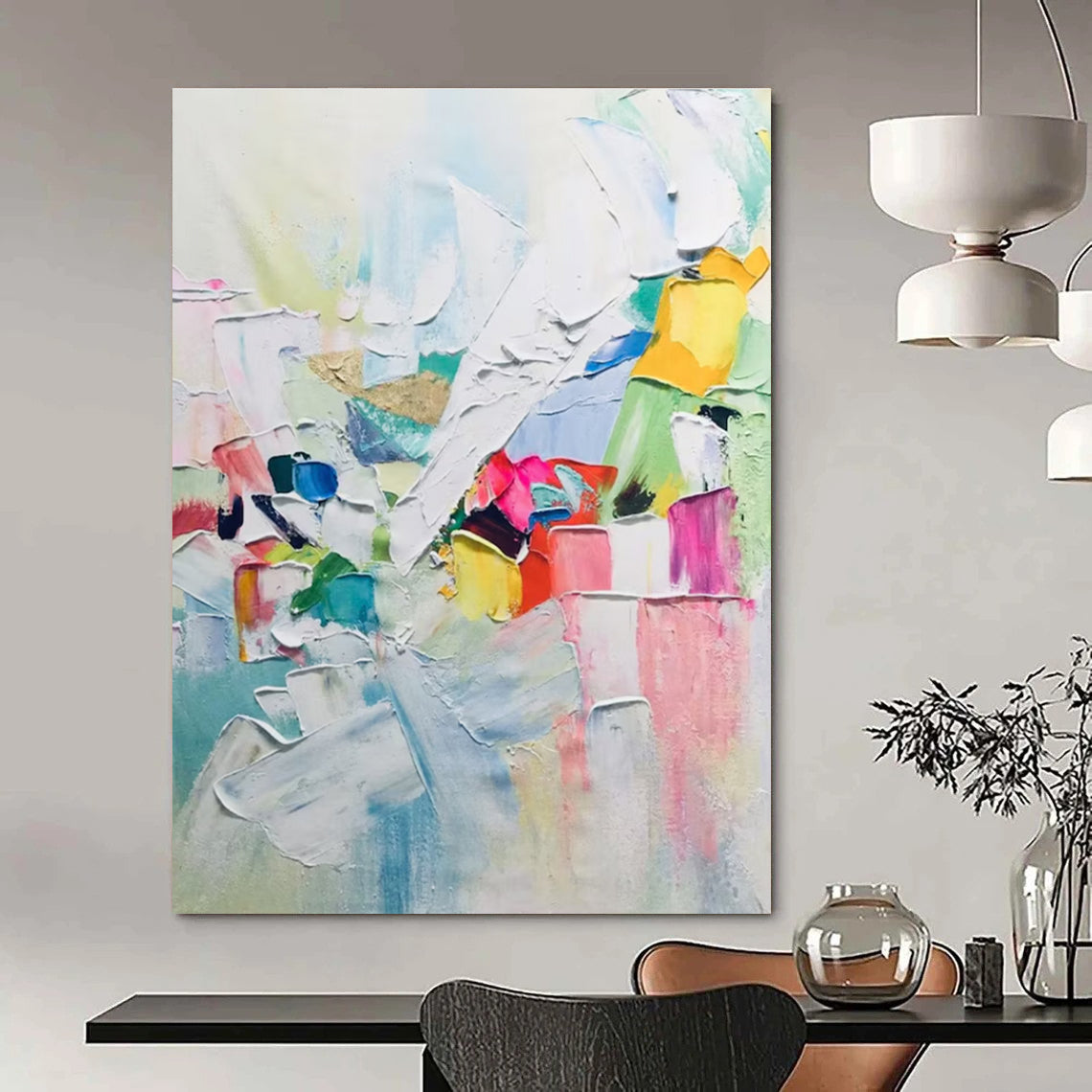 Colorful Block Abstract Painting with White Dominance ADGE274