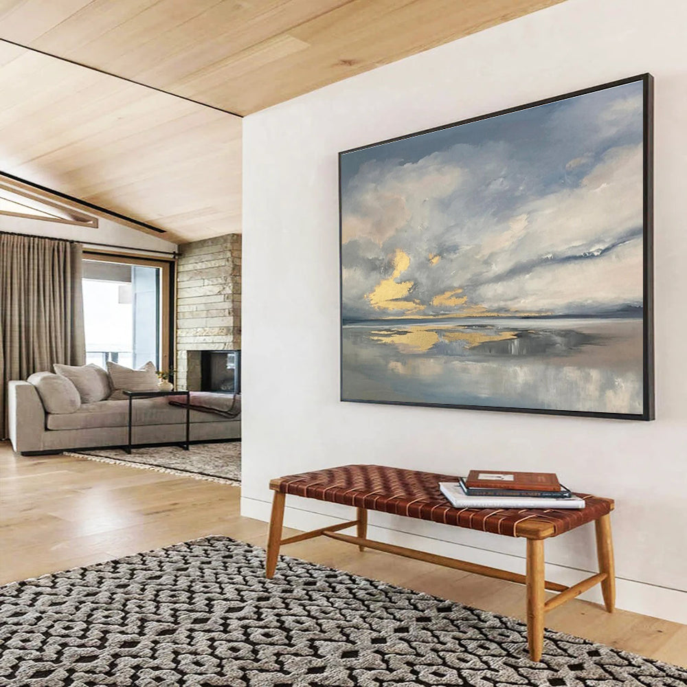 Dramatic Sky and Water Abstract Painting with Grey and Golden Hues THY255