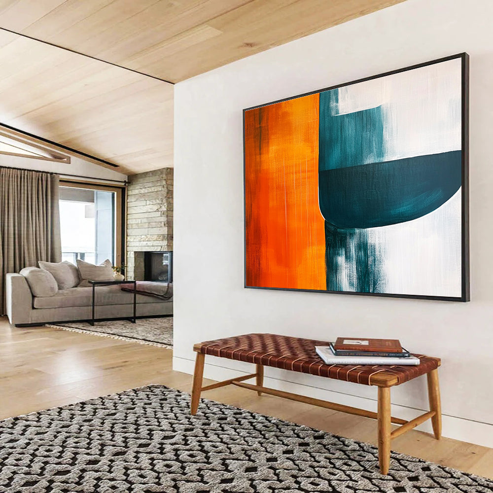 Large abstract painting featuring orange teal and grey shapes on a white background with negative space enhancing visual depth and minimalist style.SC249