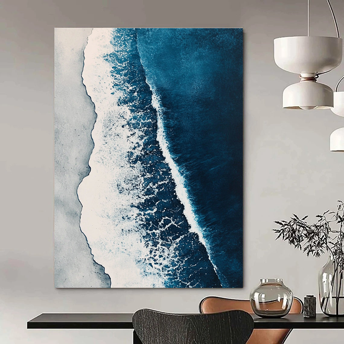 Abstract painting featuring ocean waves in shades of blue and white with elegant brushstrokes and a watercolor aesthetic in high-resolution detail.STSC531