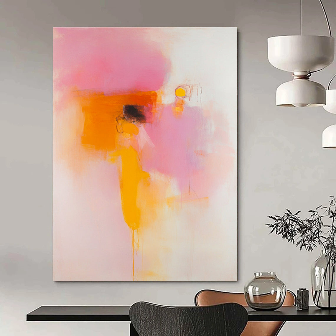 Large abstract painting featuring peach and pink hues with blurred forms and clear lines on a white background in soft orange yellow and red tones.STSC1409