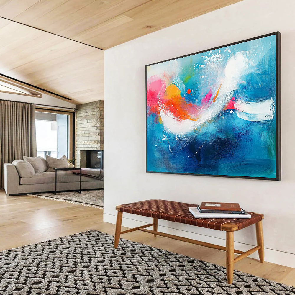 Large abstract painting of an underwater scene featuring vibrant aqua blue background with pink and orange accents and energetic white brushstrokes.SC308