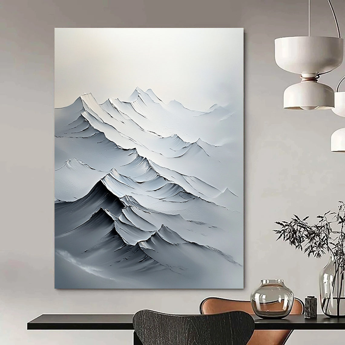 Large abstract painting featuring textured white mountains with bold brush strokes and delicate details in a minimalist composition.STSC1493
