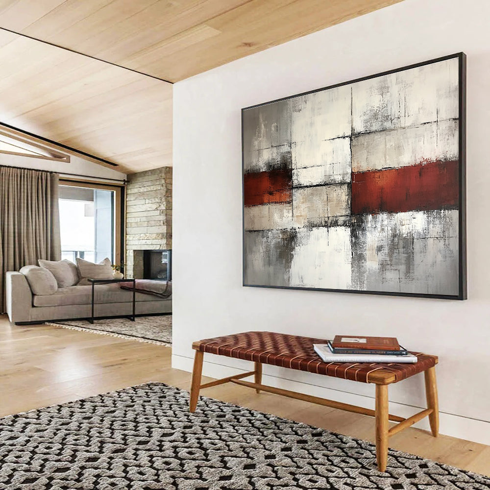 Gray Red and White Abstract Grid Painting with Distressed Textures DYP589