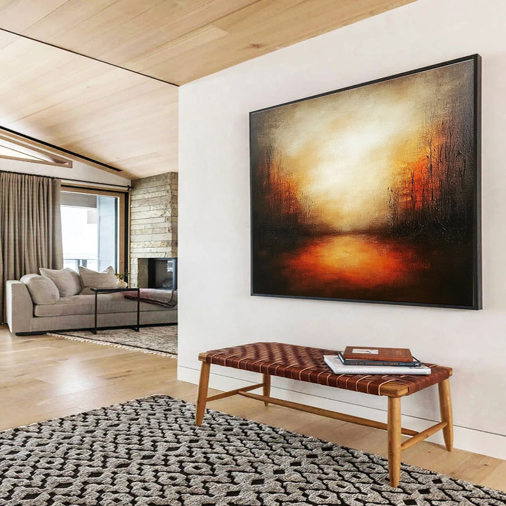 Abstract landscape painting featuring warm oranges and reds with soft brush strokes, textured canvas, and a serene evening atmosphere.SC086