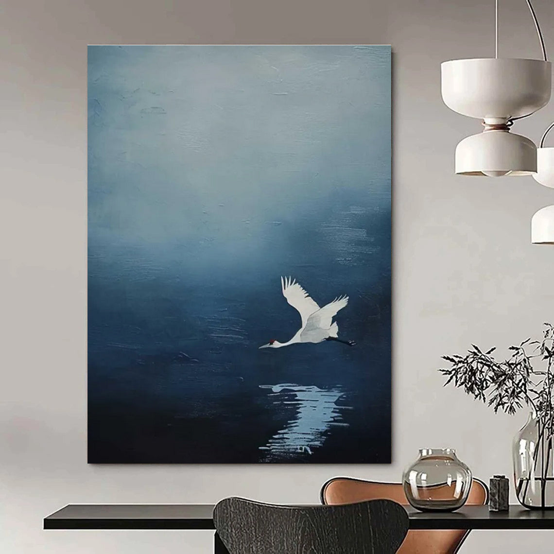 White Crane in Blue Sky Abstract Painting with Reflection ADGE510