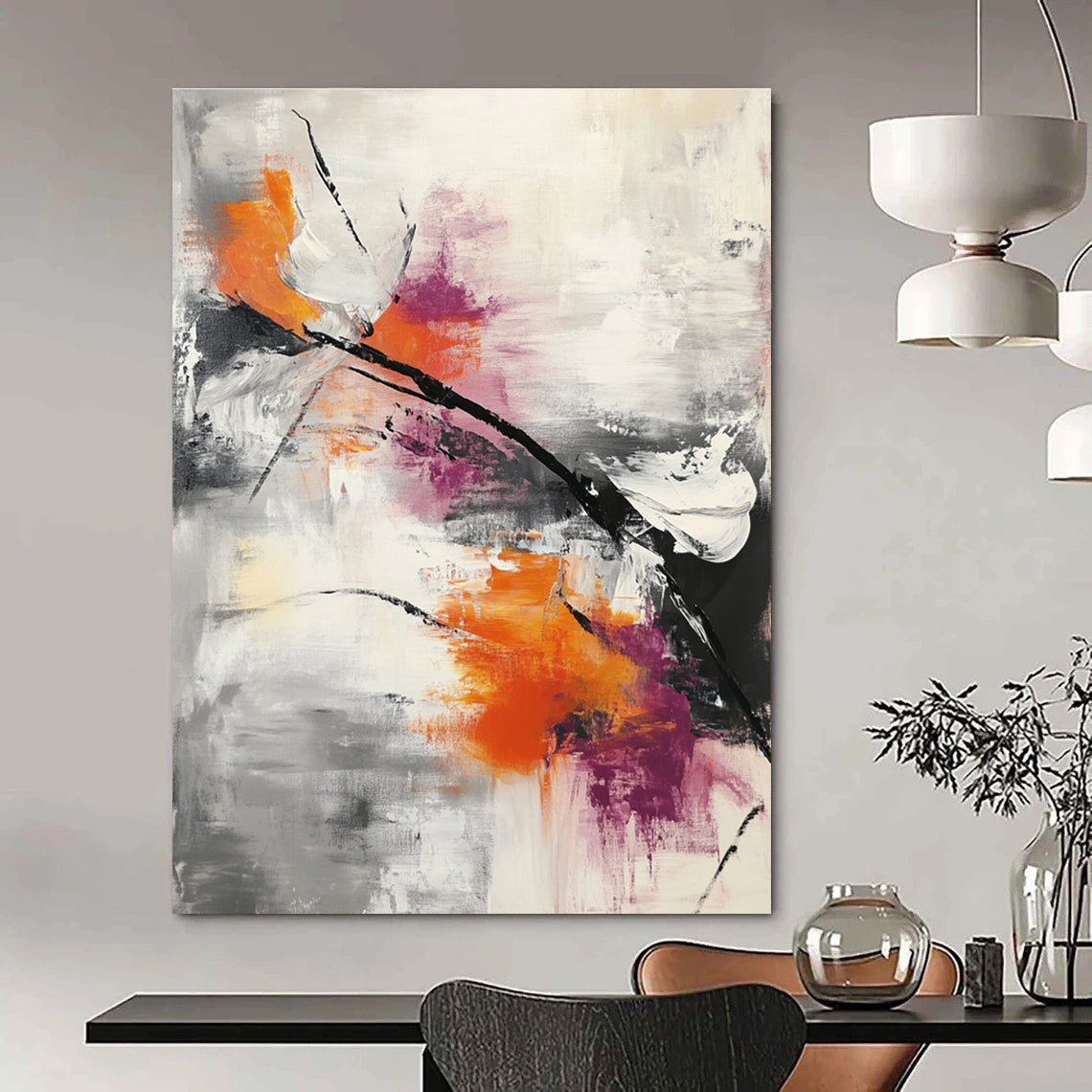 Large abstract painting featuring thick brushstrokes and splashes in gray white orange and pink with dynamic movement and modern depth.STSC817