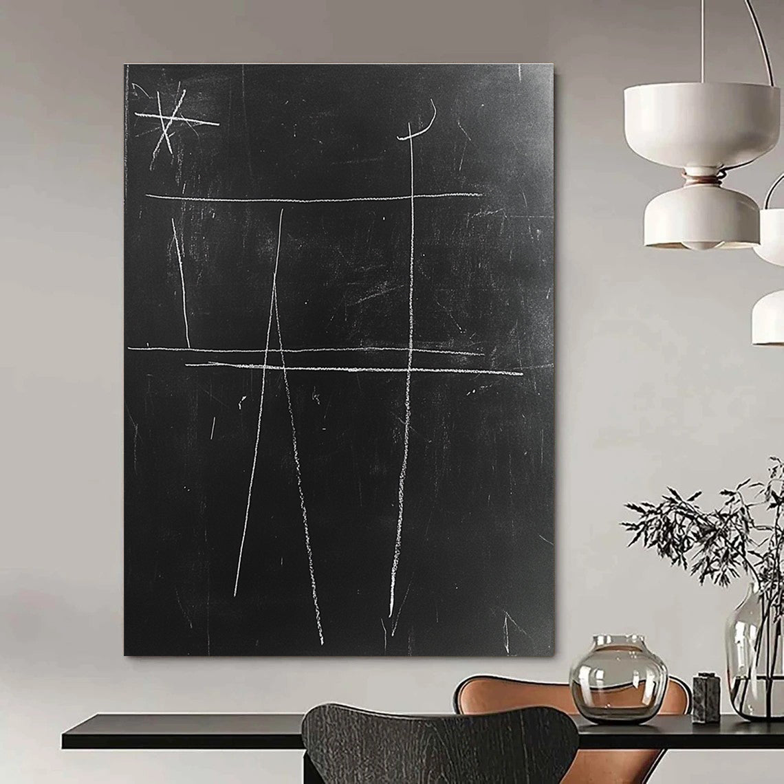 A large abstract drawing featuring simple lines and thick white chalk textures on a black chalkboard, inspired by Matisse's minimalism.STSC1061